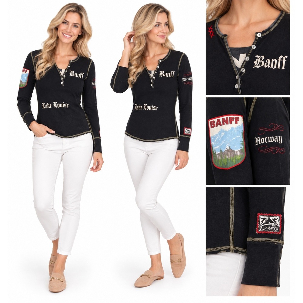 Alp-n-Rock Henley 1 Black Banff Lake Louise Canada Ski Embroidered Y2K Gorpcore